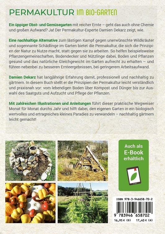 Book cover back of 'Permakultur im Bio-Garten' with text and images of gardening activities.