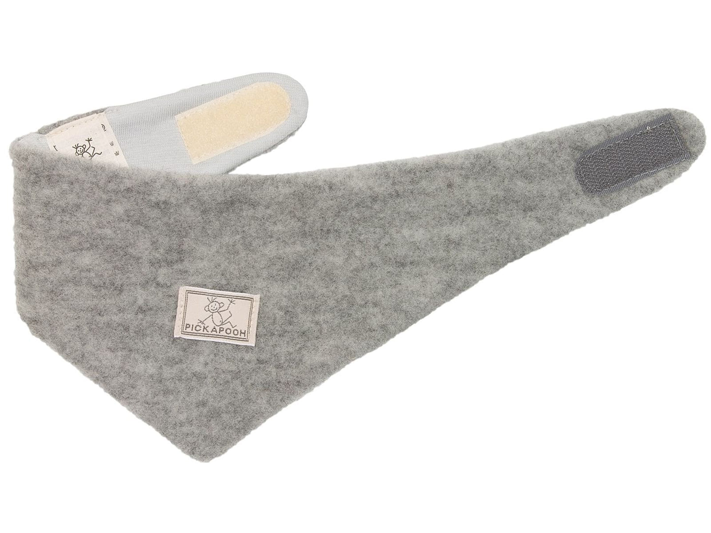 Grey Pickapooh triangular scarf for babies and children open, made from soft organic wool, ideal for warmth and comfort.