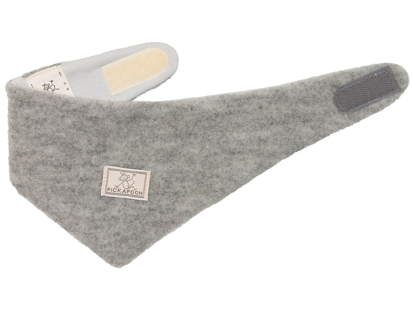 Grey Pickapooh triangular scarf for babies and children open, made from soft organic wool, ideal for warmth and comfort.