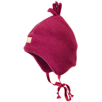 Dahlia Pickapooh baby hat made of organic wool with ear flaps, ties, and a top knot.