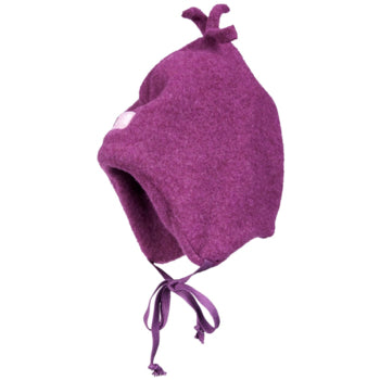 Granita Pickapooh baby hat made of organic wool with ear flaps, ties, and a top knot.
