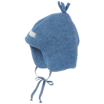 Jeans Pickapooh baby hat made of organic wool with ear flaps, ties, and a top knot.