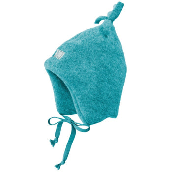 Petrol Pickapooh baby hat made of organic wool with ear flaps, ties, and a top knot.