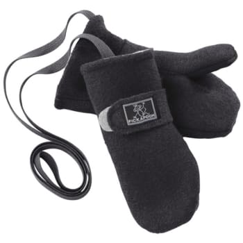 Black Pickapooh mittens made of organic virgin wool, connected with a string to prevent loss