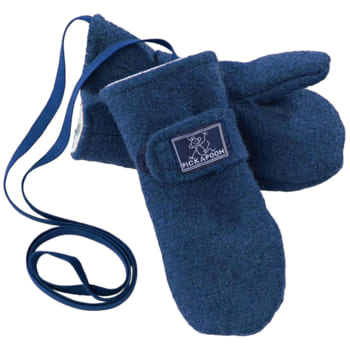 Blue Pickapooh mittens made of organic virgin wool, connected with a string to prevent loss