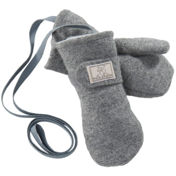 Grey Pickapooh mittens made of organic virgin wool, connected with a string to prevent loss