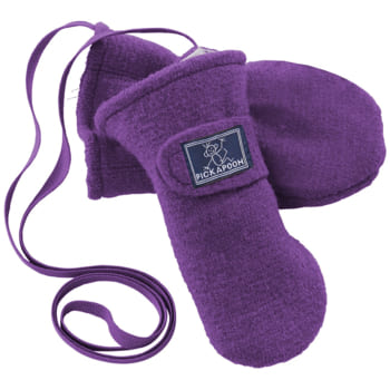 Purple Pickapooh mittens made of organic virgin wool, connected with a string to prevent loss
