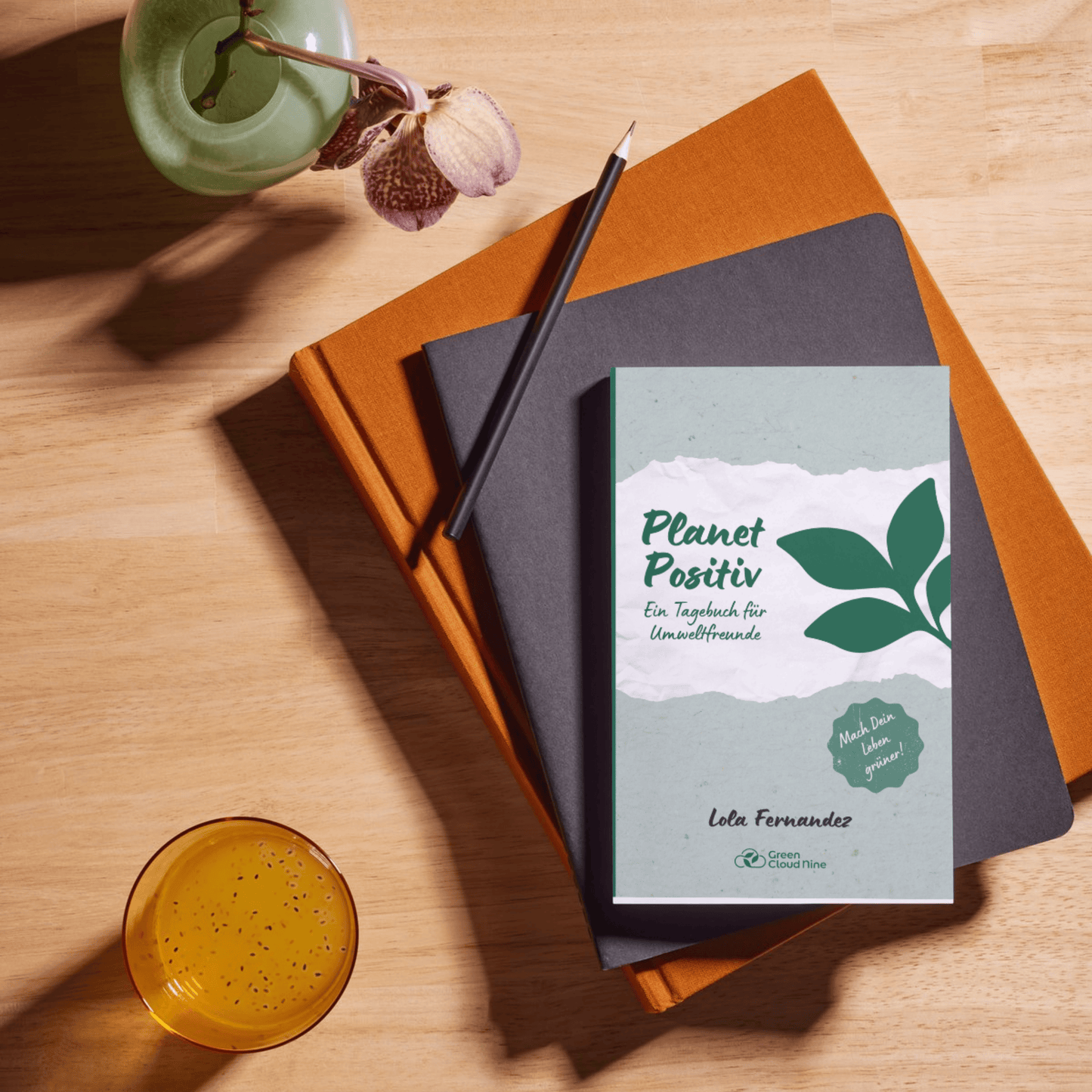 Cover of “Planet Positiv” (German) eco-journal by Lola Fernández, on a wooden desk with notebooks, pen and juice.