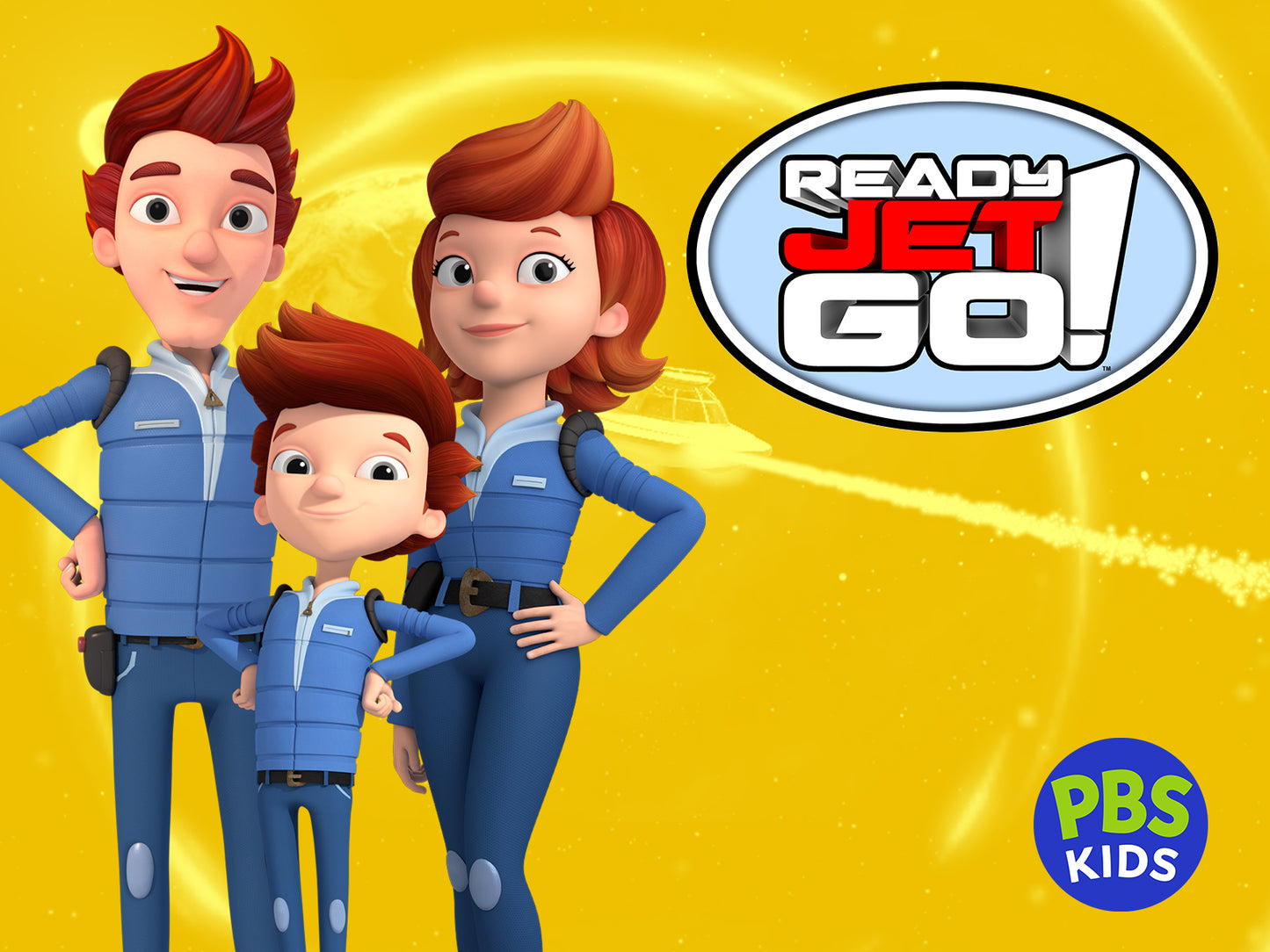 Three animated characters from 'Ready Jet Go!' with the show's logo and PBS Kids branding on a yellow background.