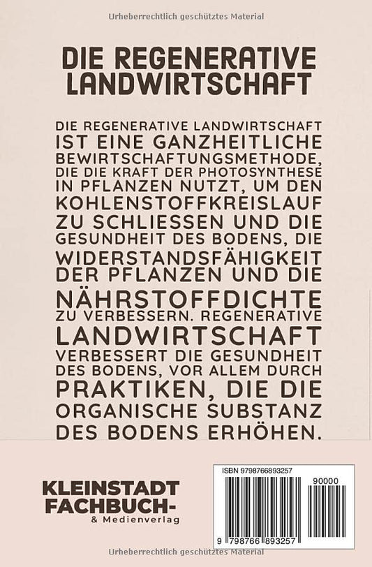 Book cover back of 'Regenerative Landwirtschaft' with illustrations of people working in a garden