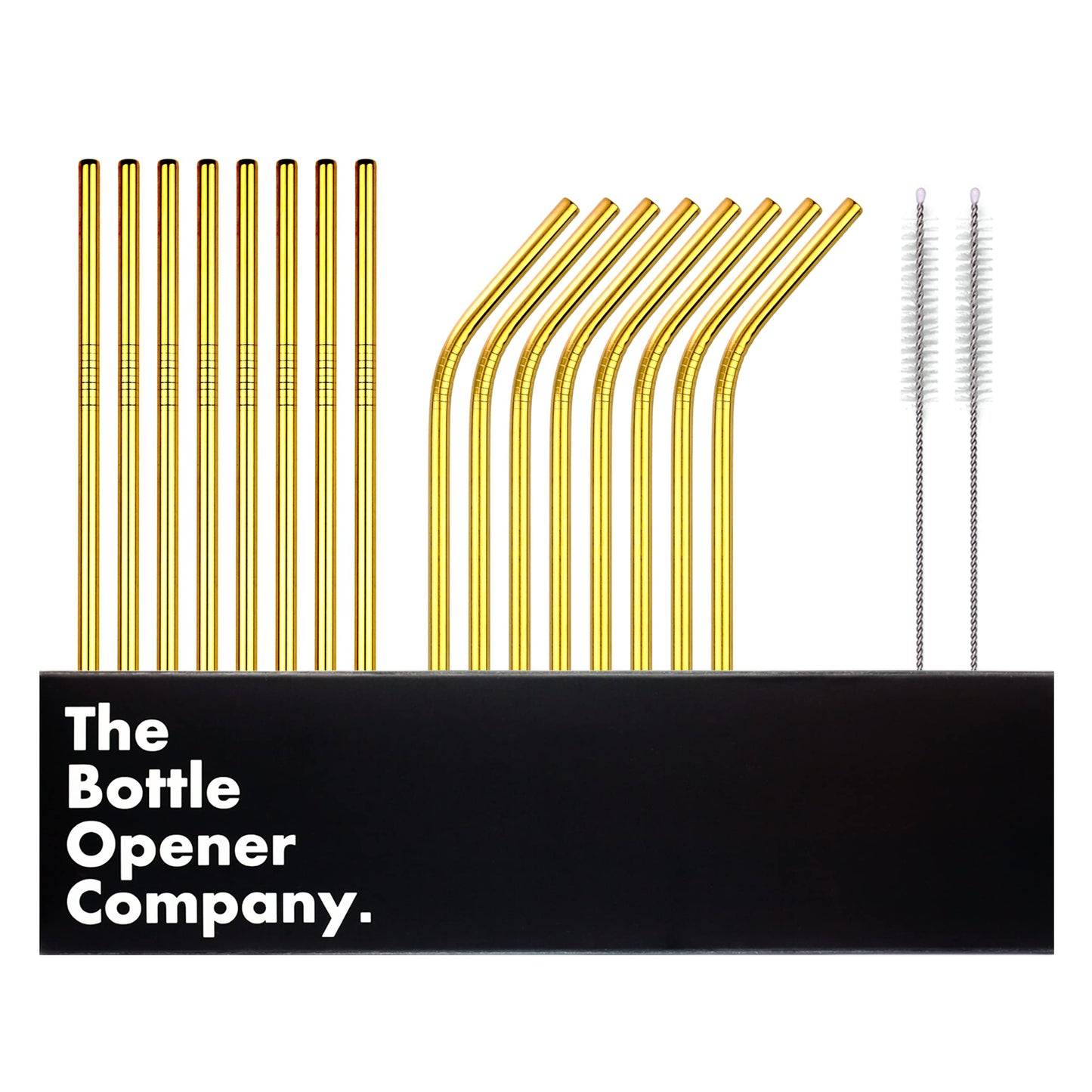 16 gold stainless steel straws, 2 cleaning brushes. Eco-friendly, dishwasher safe. The Bottle Opener Company.