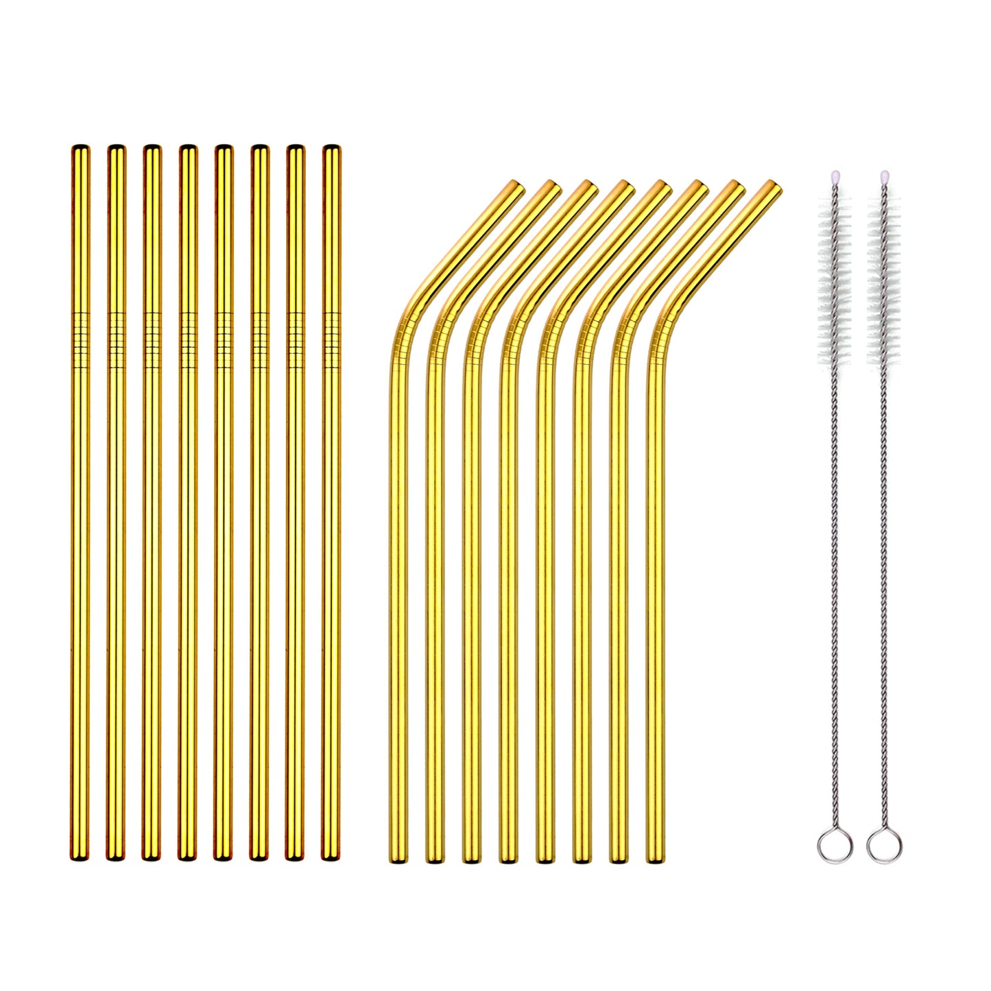 16 gold stainless steel straws, 2 cleaning brushes. Eco-friendly, dishwasher safe. The Bottle Opener Company.