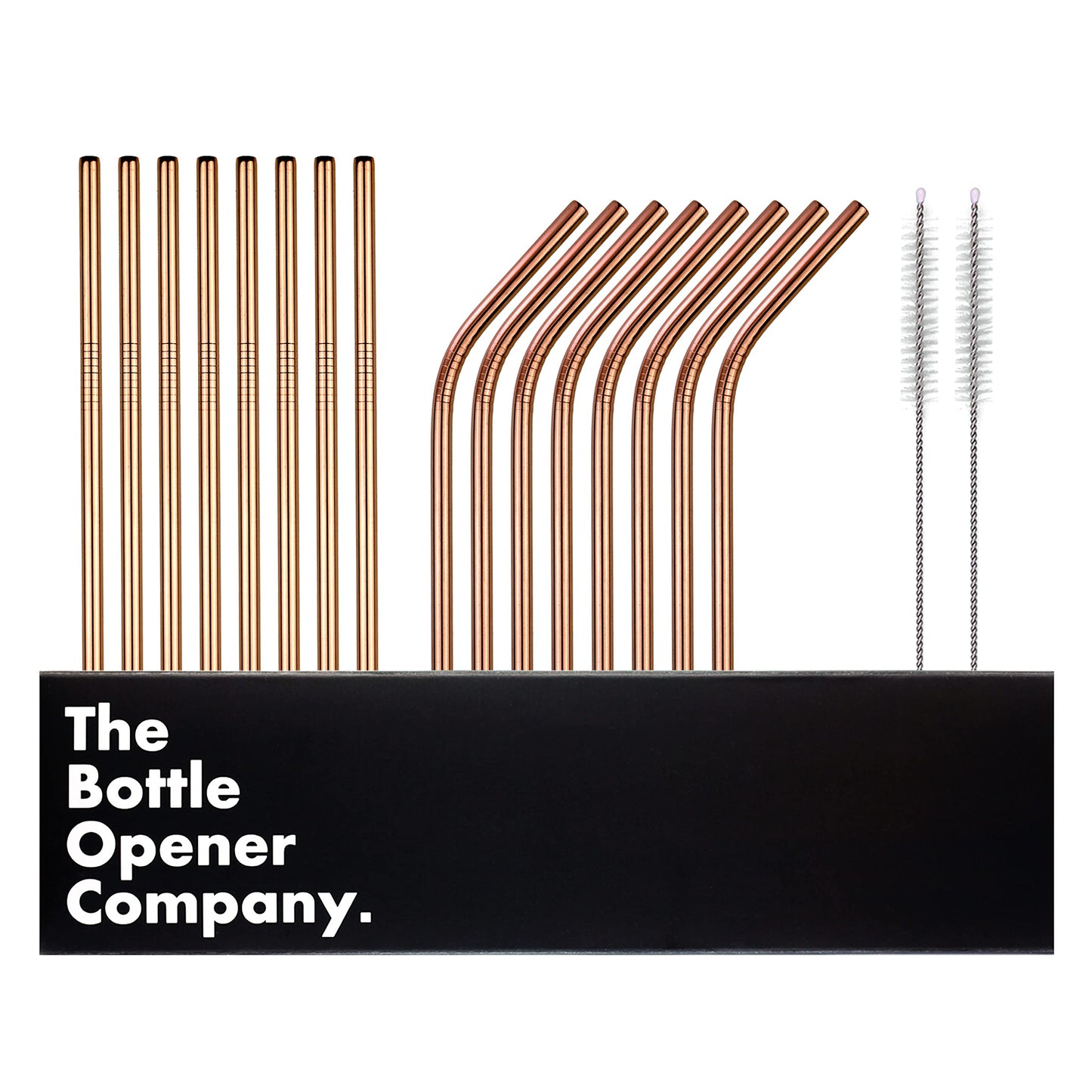 16 rosègold stainless steel straws, 2 cleaning brushes. Eco-friendly, dishwasher safe. The Bottle Opener Company.