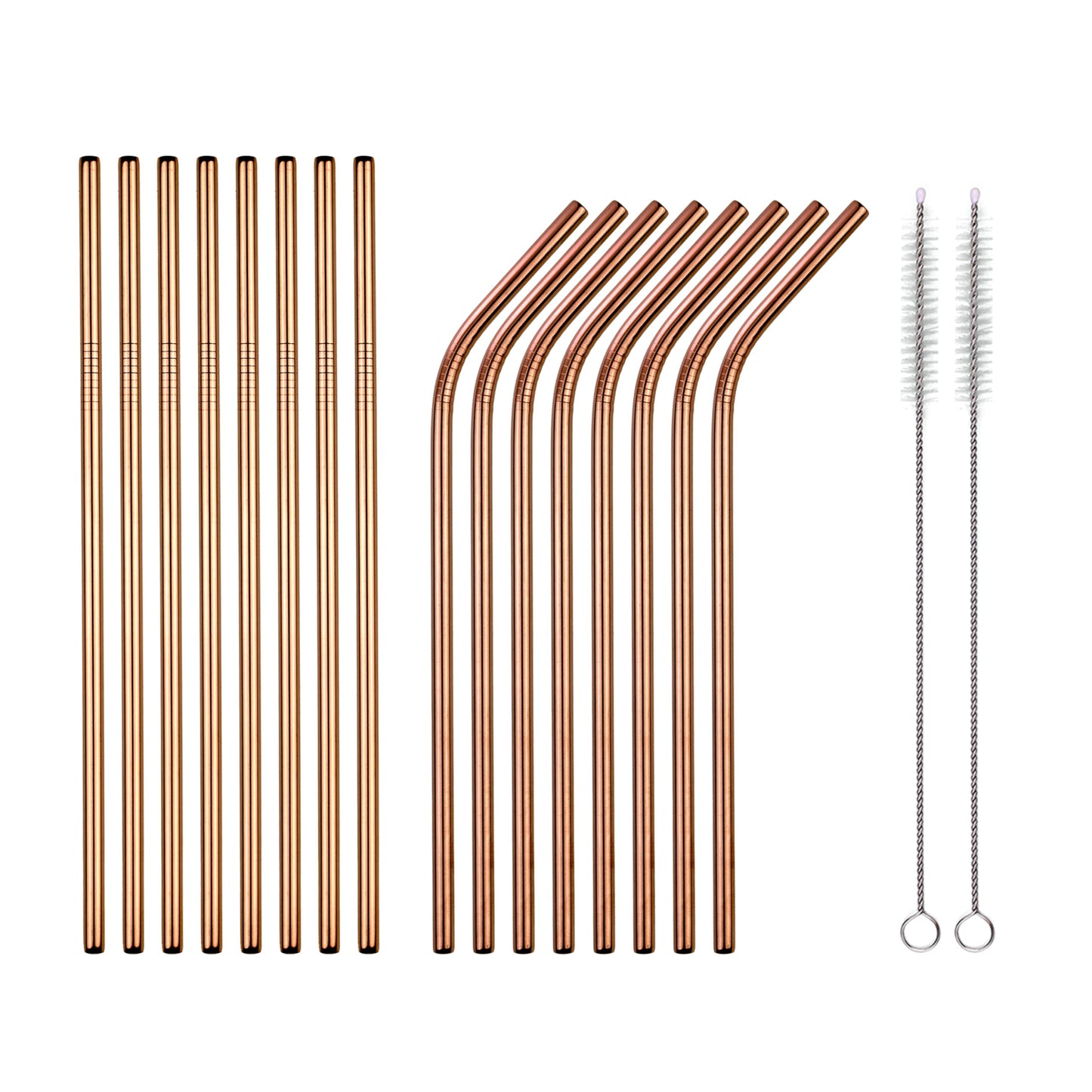 16 rosègold stainless steel straws, 2 cleaning brushes. Eco-friendly, dishwasher safe. The Bottle Opener Company.