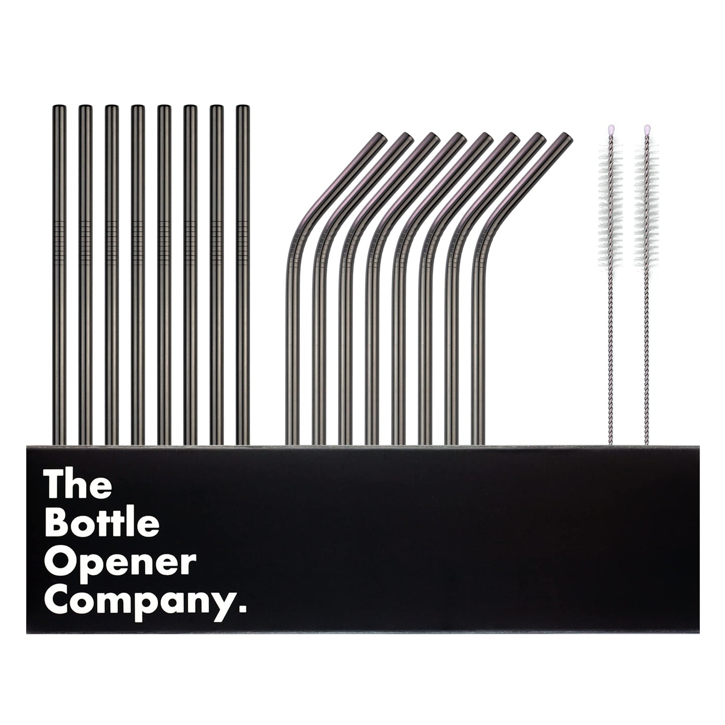 16 schwarz stainless steel straws, 2 cleaning brushes. Eco-friendly, dishwasher safe. The Bottle Opener Company.