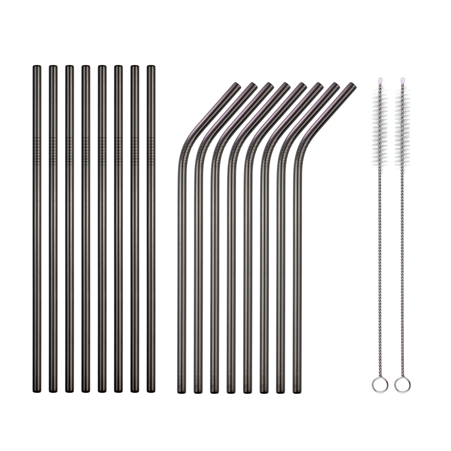 16 schwarz stainless steel straws, 2 cleaning brushes. Eco-friendly, dishwasher safe. The Bottle Opener Company.