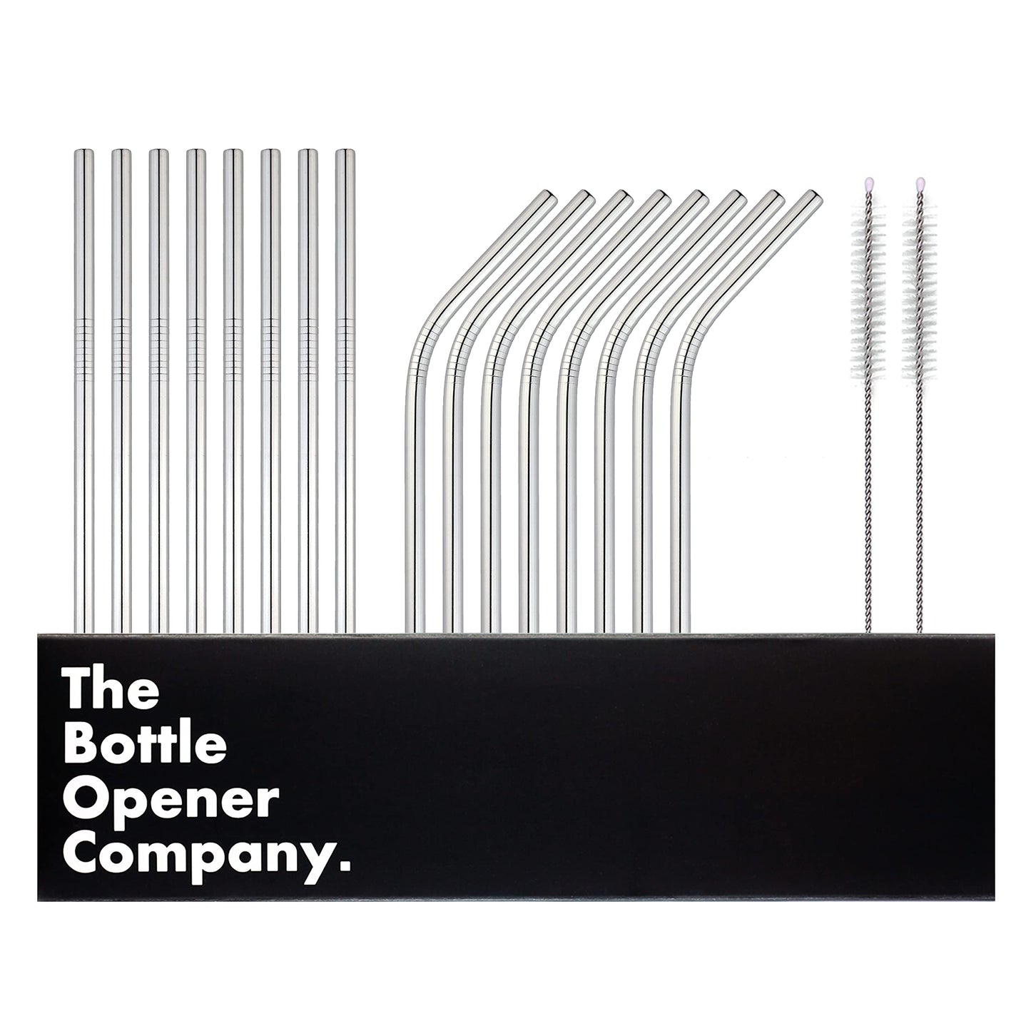 16 silber stainless steel straws, 2 cleaning brushes. Eco-friendly, dishwasher safe. The Bottle Opener Company.