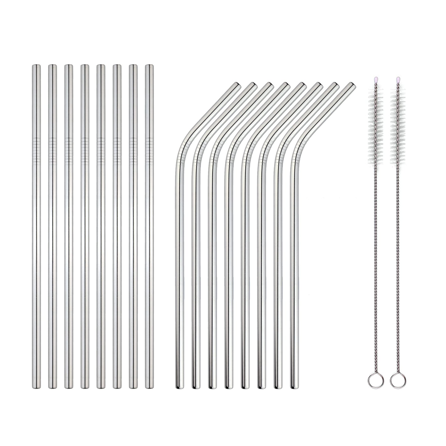 16 silber stainless steel straws, 2 cleaning brushes. Eco-friendly, dishwasher safe. The Bottle Opener Company.