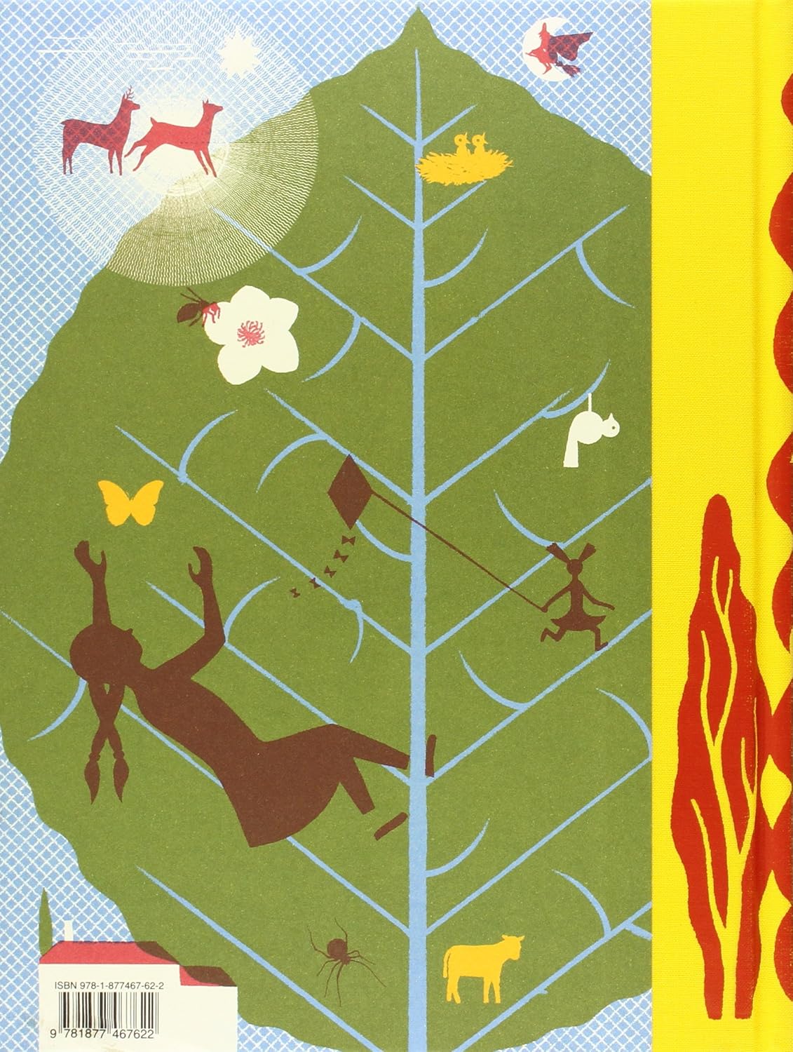 Illustrated book backcover with a green leaf design, people, animals, and objects on a blue and yellow background.