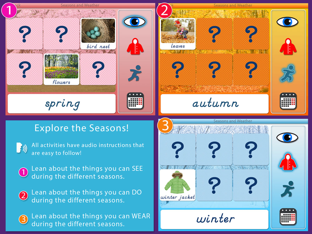 Educational game or app interface for learning about seasons with images and text.