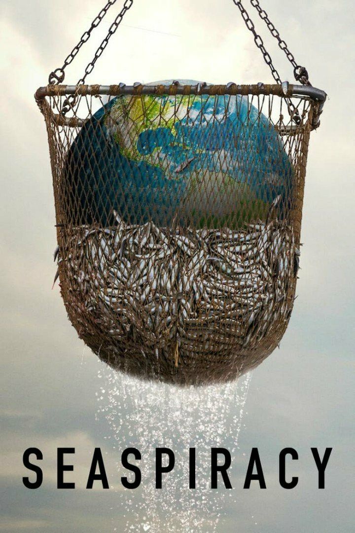 A fishing net full of fish and the Earth, symbolizing overfishing, from the Seaspiracy documentary cover