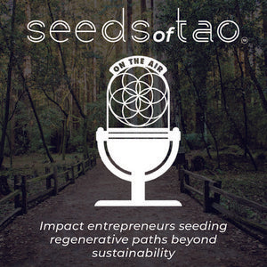 White microphone icon over a forest path from Seeds of Tao cover