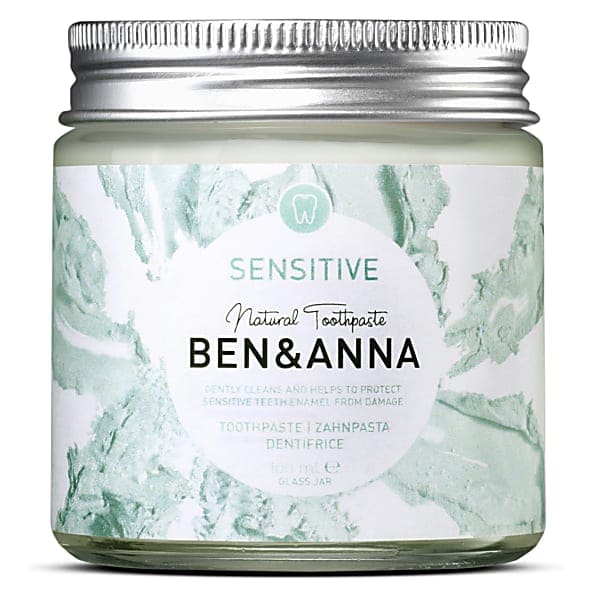 Ben & Anna Sensitive Toothpaste in a 100ml glass jar naturally cleans and whitens without fluoride