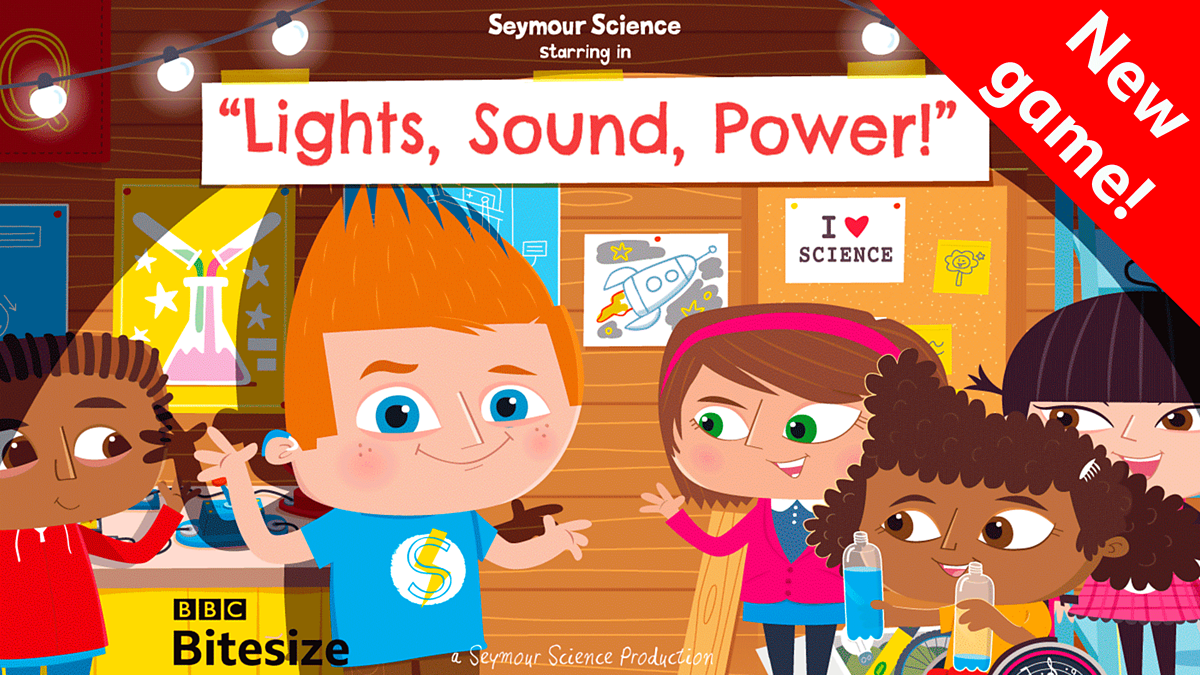 Children's educational cartoon with Seymour Science branding, featuring characters around a science fair setup.