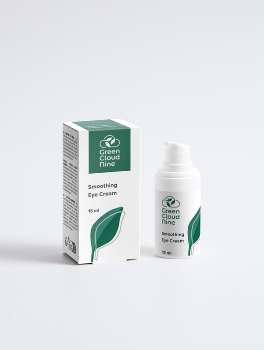 Smoothing Eye Cream with box in a white pump bottle with Green Cloud Nine Logo