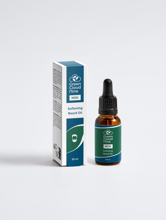 Softening Beard Oil 30ml  with box front view in a glass dropper bottle with Green Cloud Nine Logo