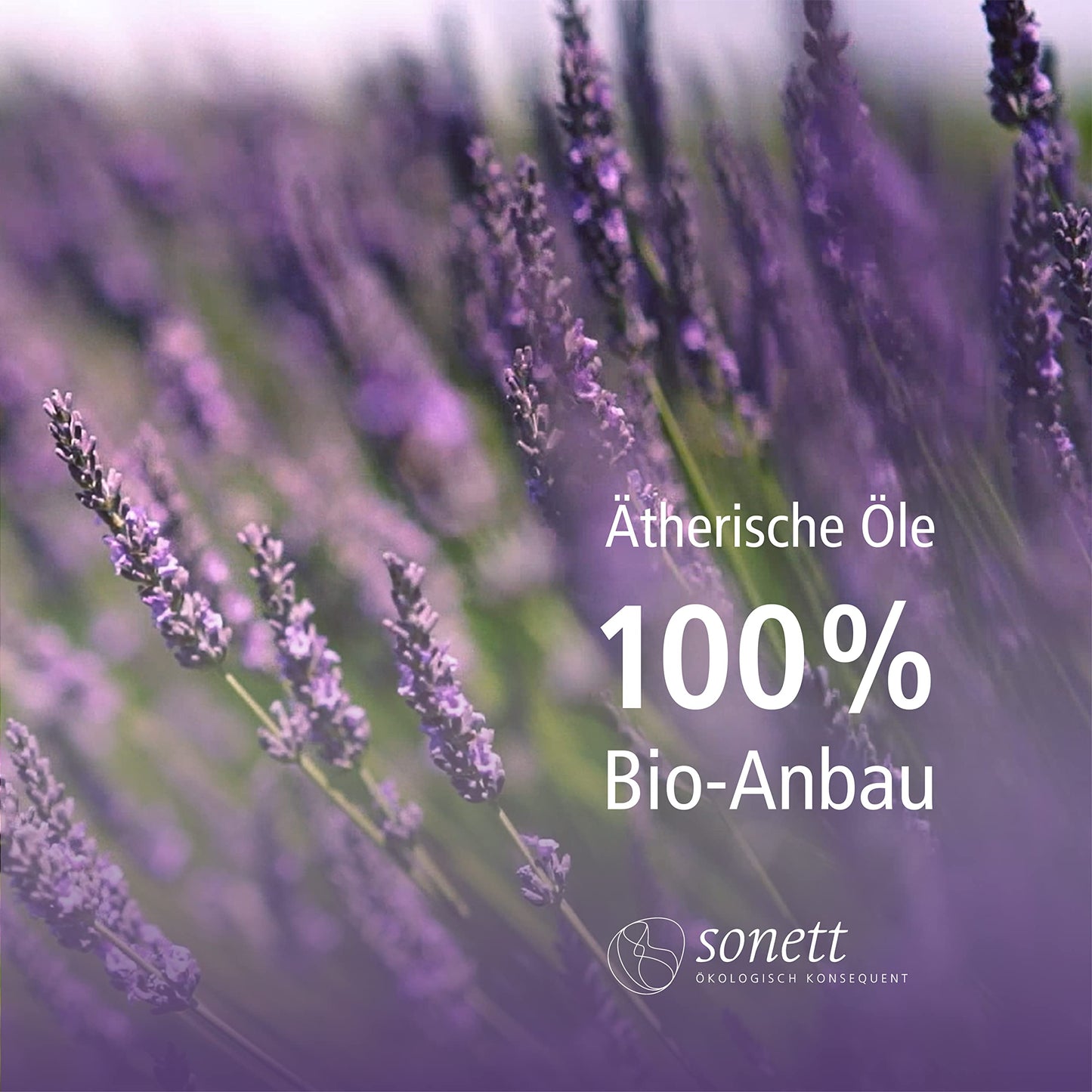 Lavender field with text highlighting Sonett's 100% organic coltivation