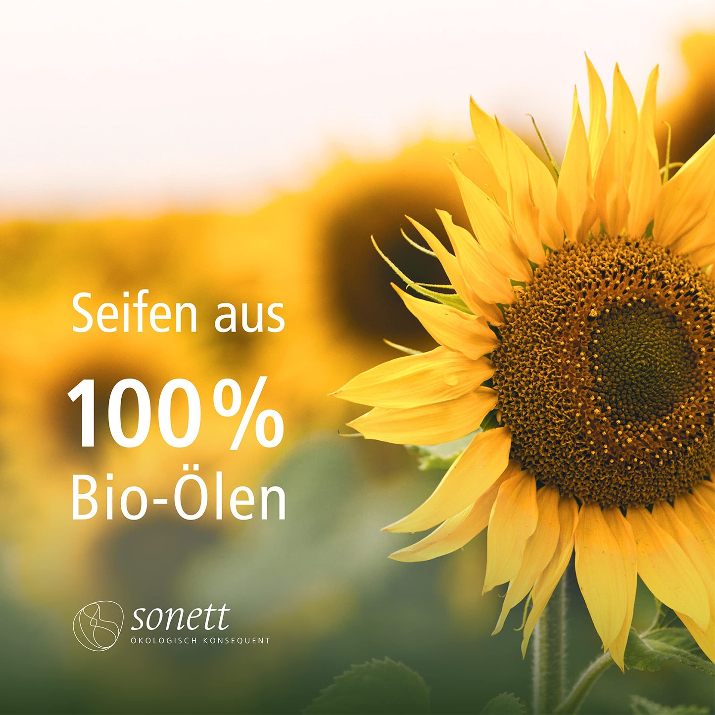 Sunflower field with text highlighting Sonett's 100% organic essential oils