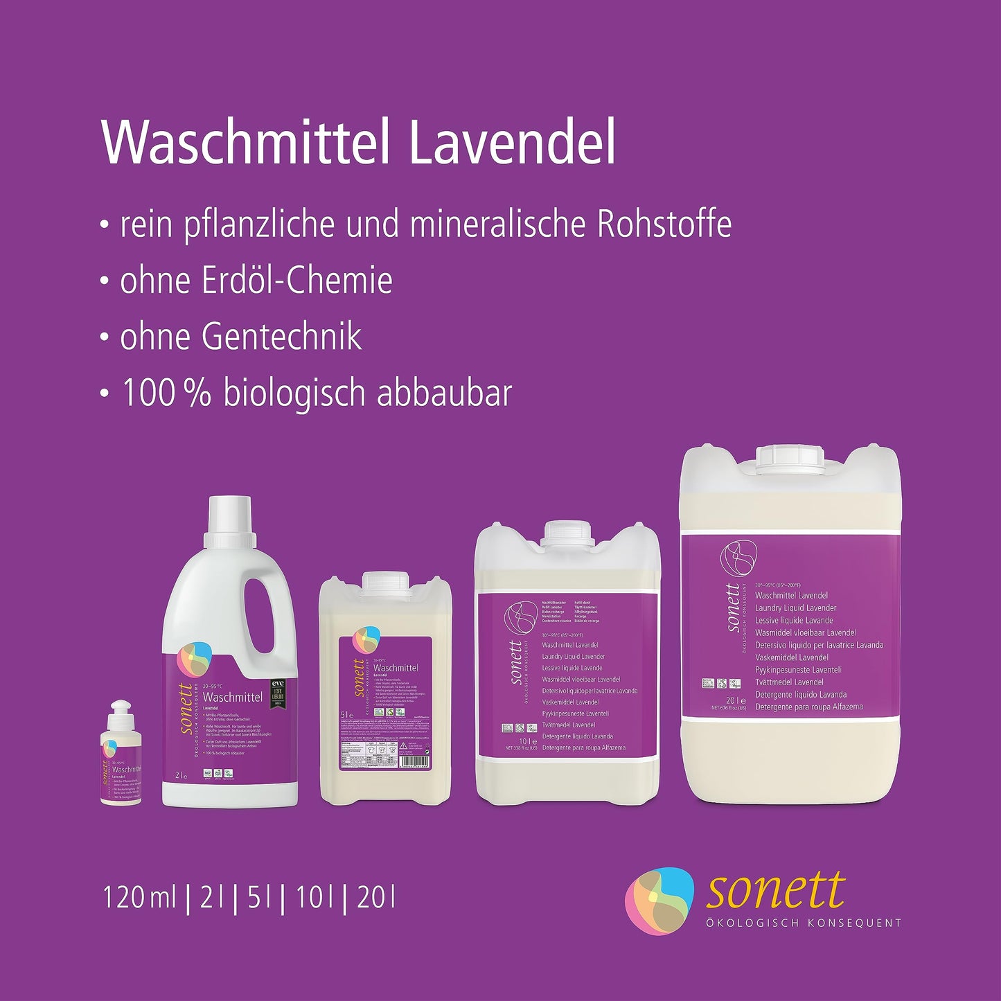 Sonett Lavender Laundry Detergent in various sizes, plant-based, GMO-free, biodegradable