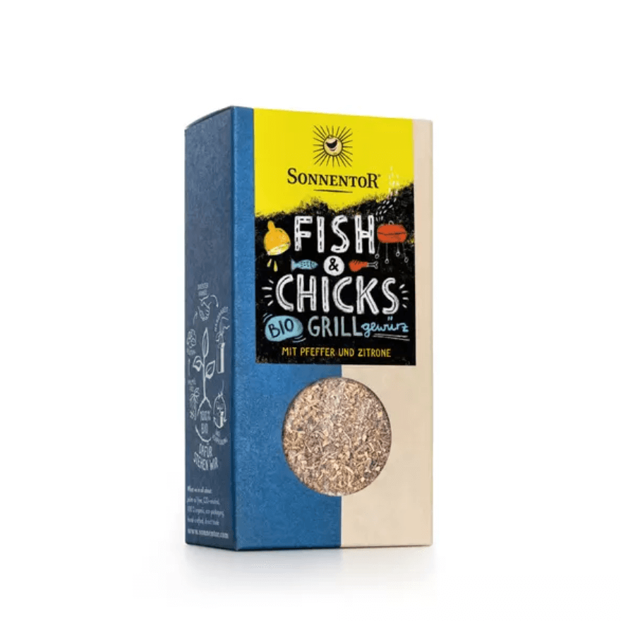 Sonnentor Fish & Chicks organic grill seasoning packaged in a sustainable blue and beige bag with a transparent window.