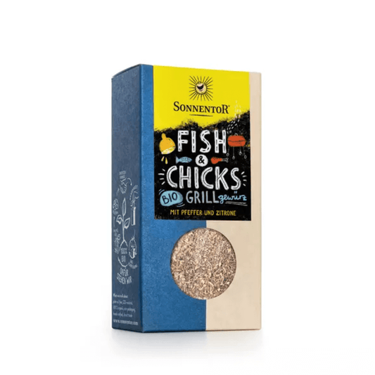 Sonnentor Fish & Chicks organic grill seasoning packaged in a sustainable blue and beige bag with a transparent window.