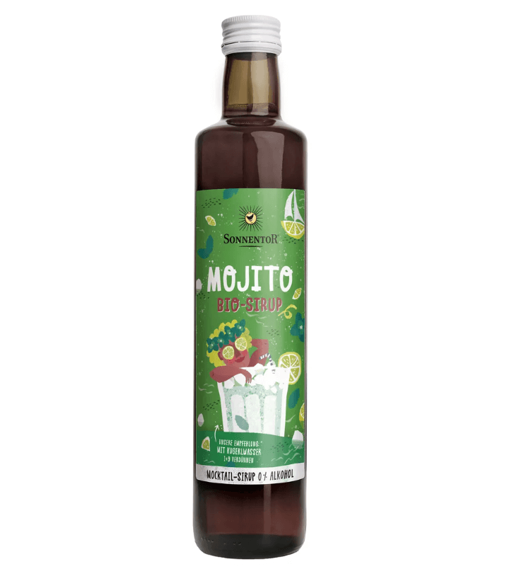 Bottle of Sonnentor Organic Mojito Syrup with green label, on a white background