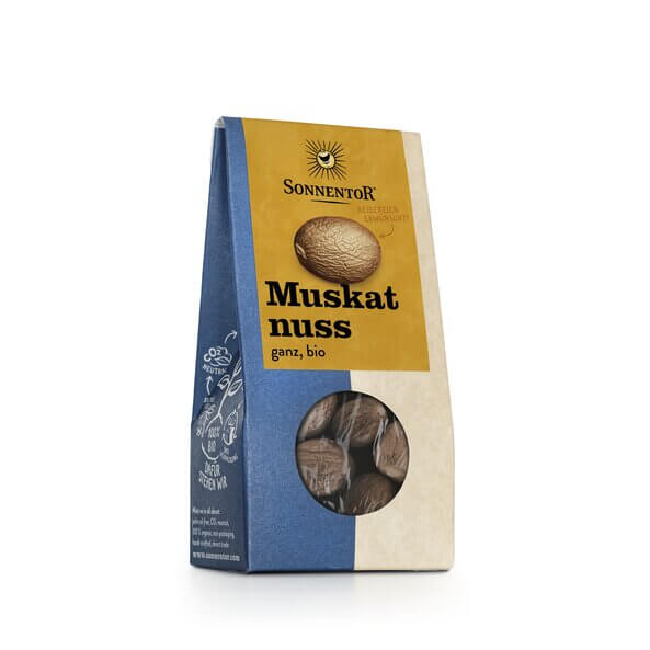 Sonnentor Organic Nutmeg in whole form, packaged in a sustainable blue and beige bag with a transparent window.