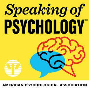 Bright yellow cover with a brain and speech bubble from Speaking of Psychology cover