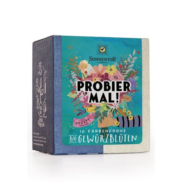 Sonnentor “Probier Mal!” spice flower set with 10 organic blends in a colorful box, plus a recipe booklet for inspiration