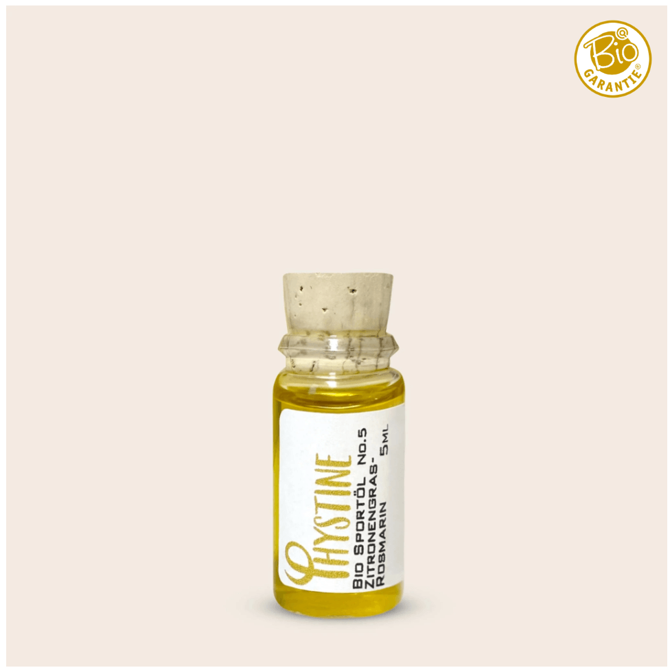 Small 5ml glass bottle of Phystine Sportöl No.5 with cork cap