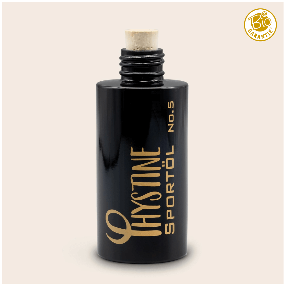 Black bottle of Phystine Sportöl No.5 with cork cap, organic vegan oil for muscle massage and skin care.