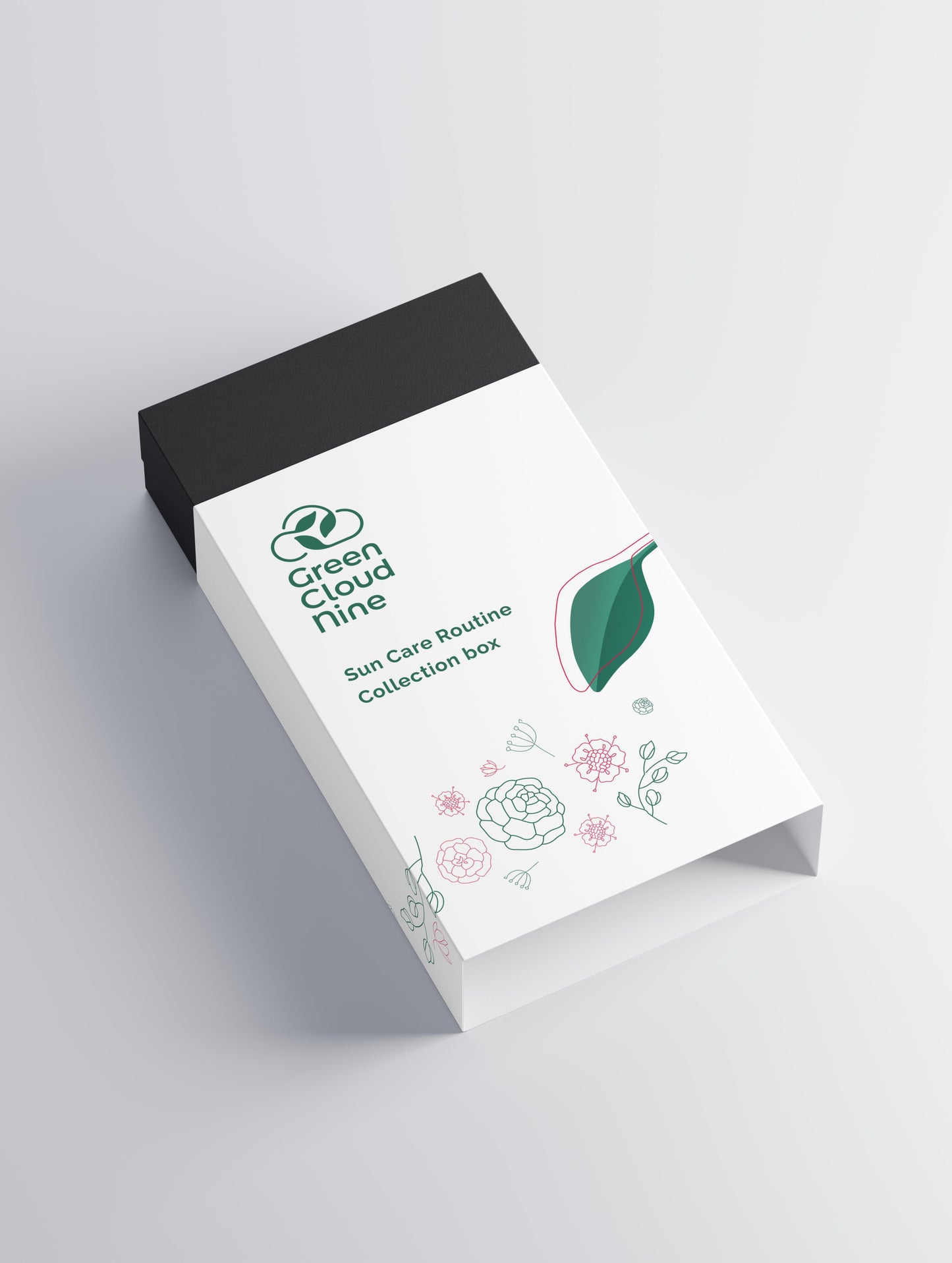 Sun Care Routine Collection Box, shown as a white box with Green cloud nine logo. The Product is illustrated in front of a white background (Top)