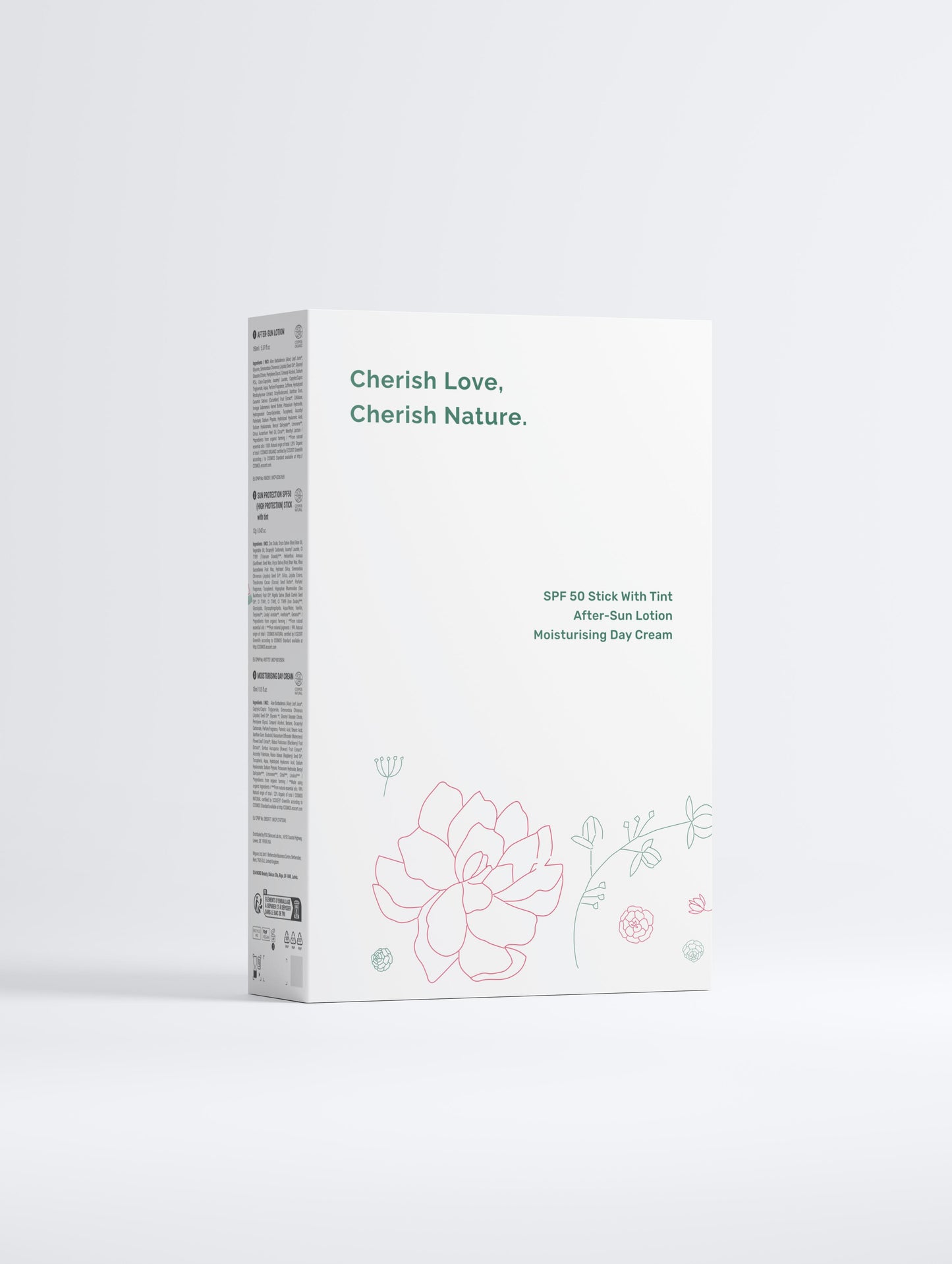Sun Care Routine Collection Box, shown as a white box with Green cloud nine logo. The Product is illustrated in front of a white background (Back)