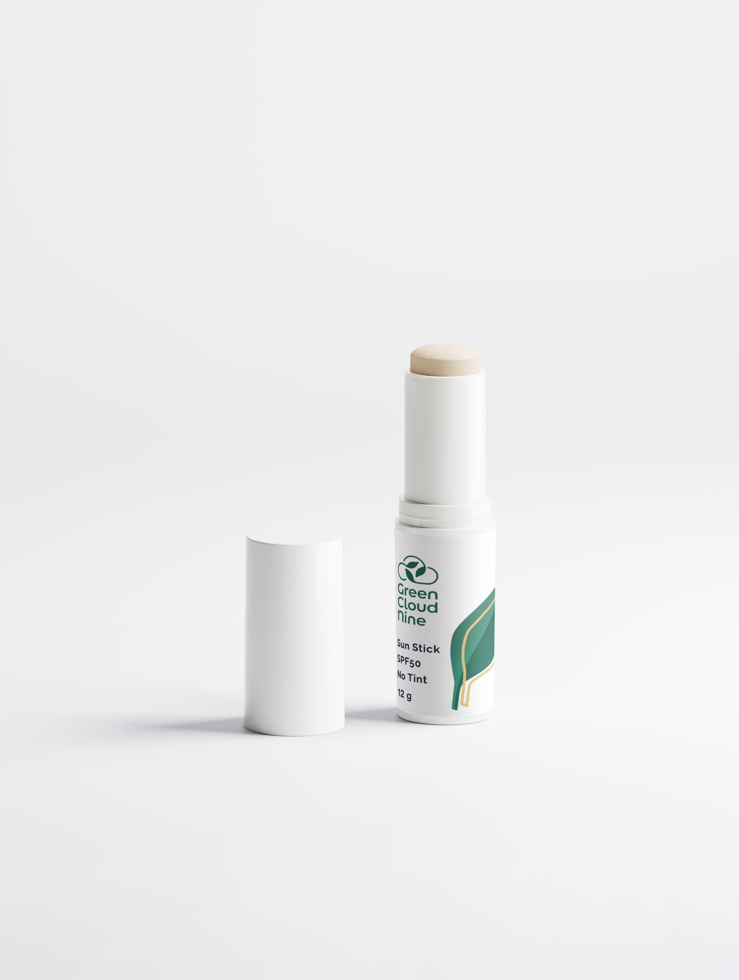Sun Protection SPF50 Stick without tint 12g and Green Cloud Nine logo on white background