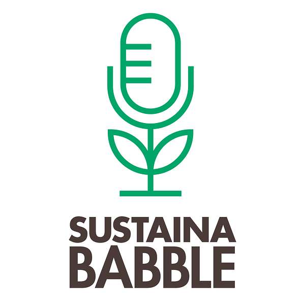 A green microphone growing out of a plant on a white background, from SustainaBABBLE cover
