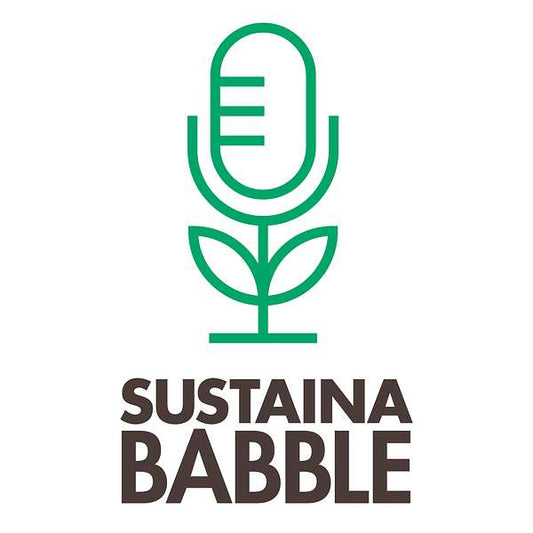 A green microphone growing out of a plant on a white background, from SustainaBABBLE cover