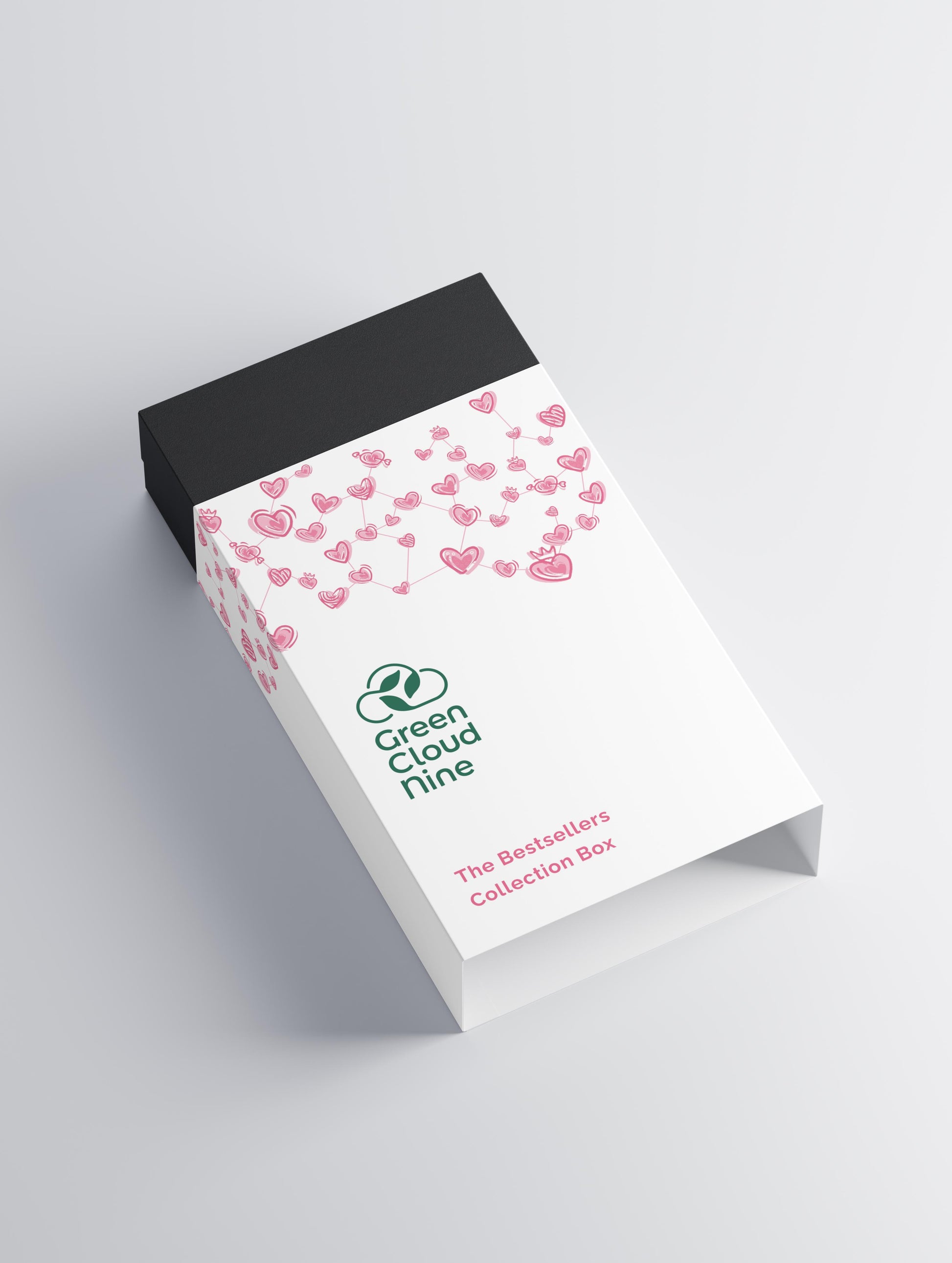 White Green Cloud Nine Bestsellers Collection Box open with pink heart illustrations, designed for an eco-friendly and thoughtful gift