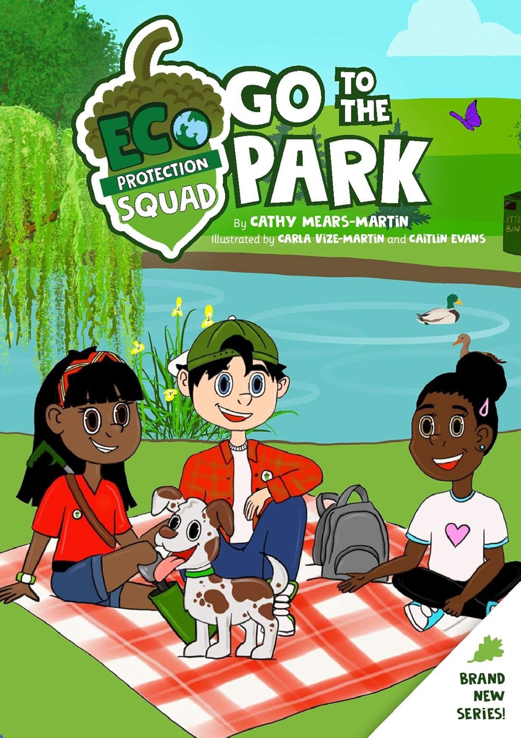 Illustrated book cover featuring three children on a picnic with a dog, promoting environmental awareness in a park setting.