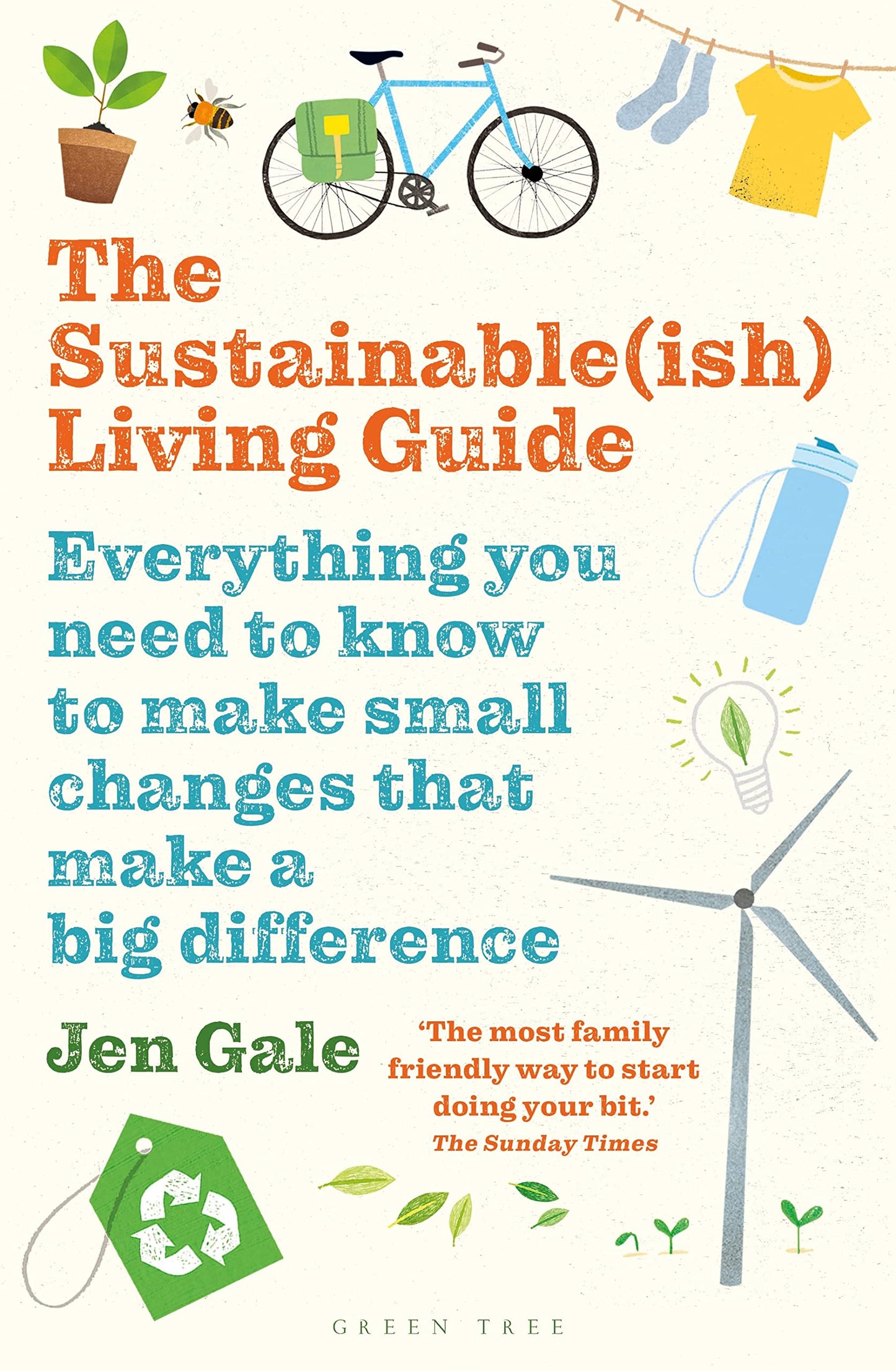 Book cover featuring eco-friendly icons like a bike, wind turbine, and recycling.