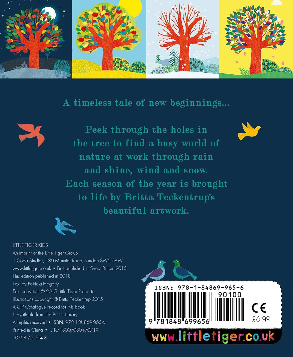 Back cover of a children's book with colorful tree illustrations and text about nature and seasons.